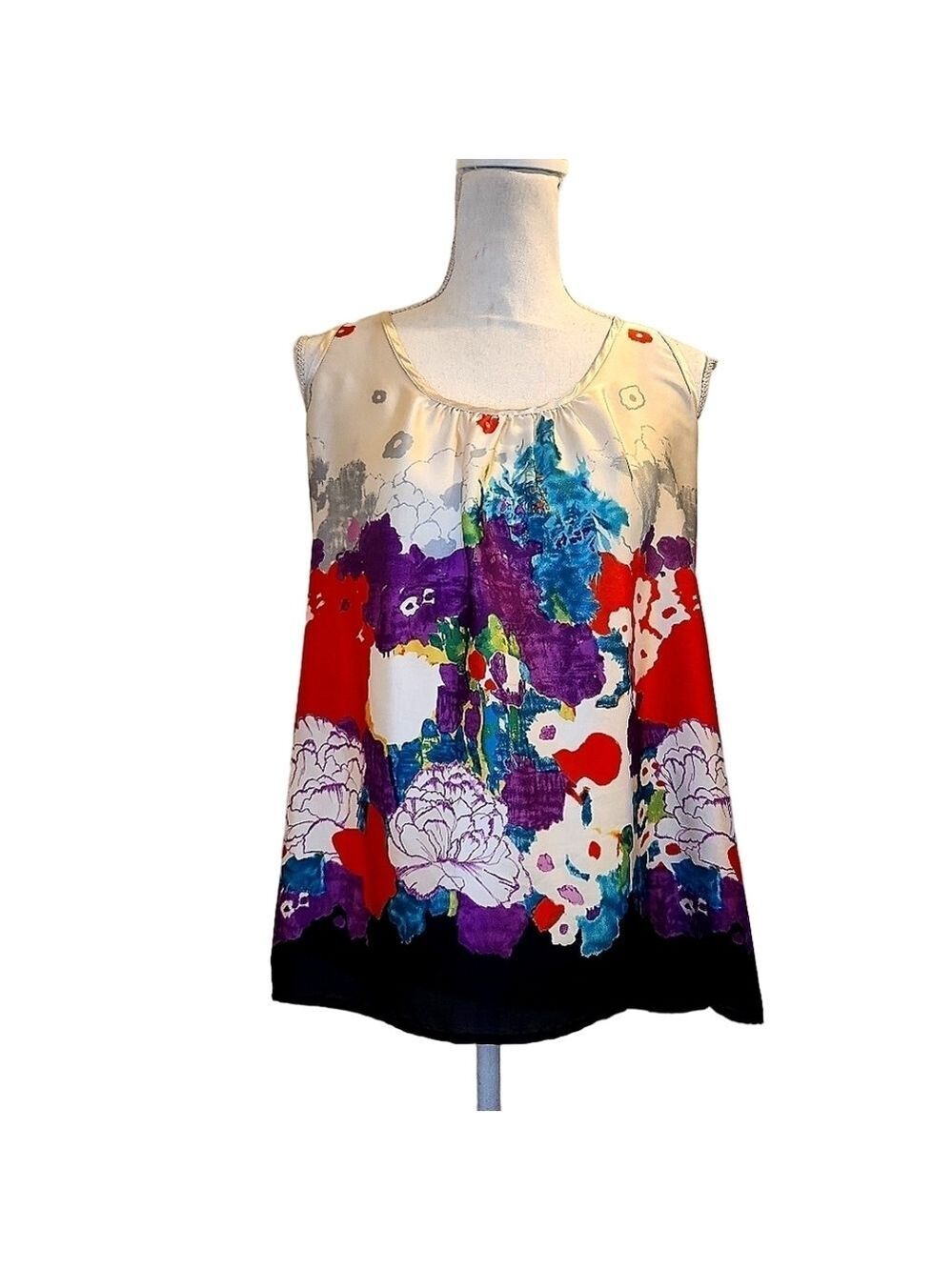 Floral Sleeveless Top - Multicolor Sz: L Silklike Racerback Tank  Satin